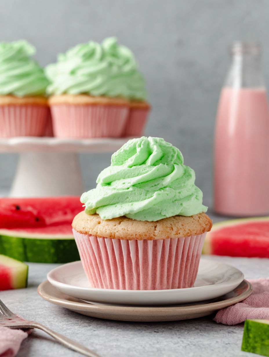 A cupcake with green frosting and a slice of watermelon on the side.