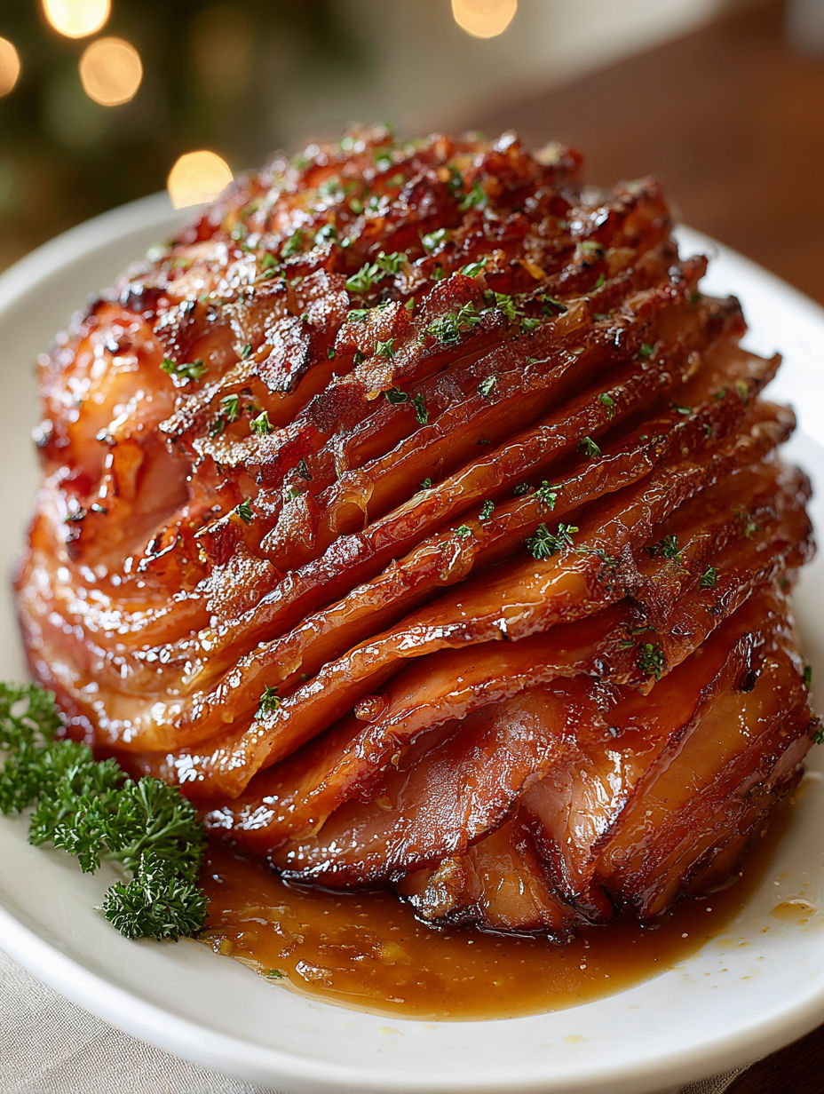 A glazed spiral ham on a plate.