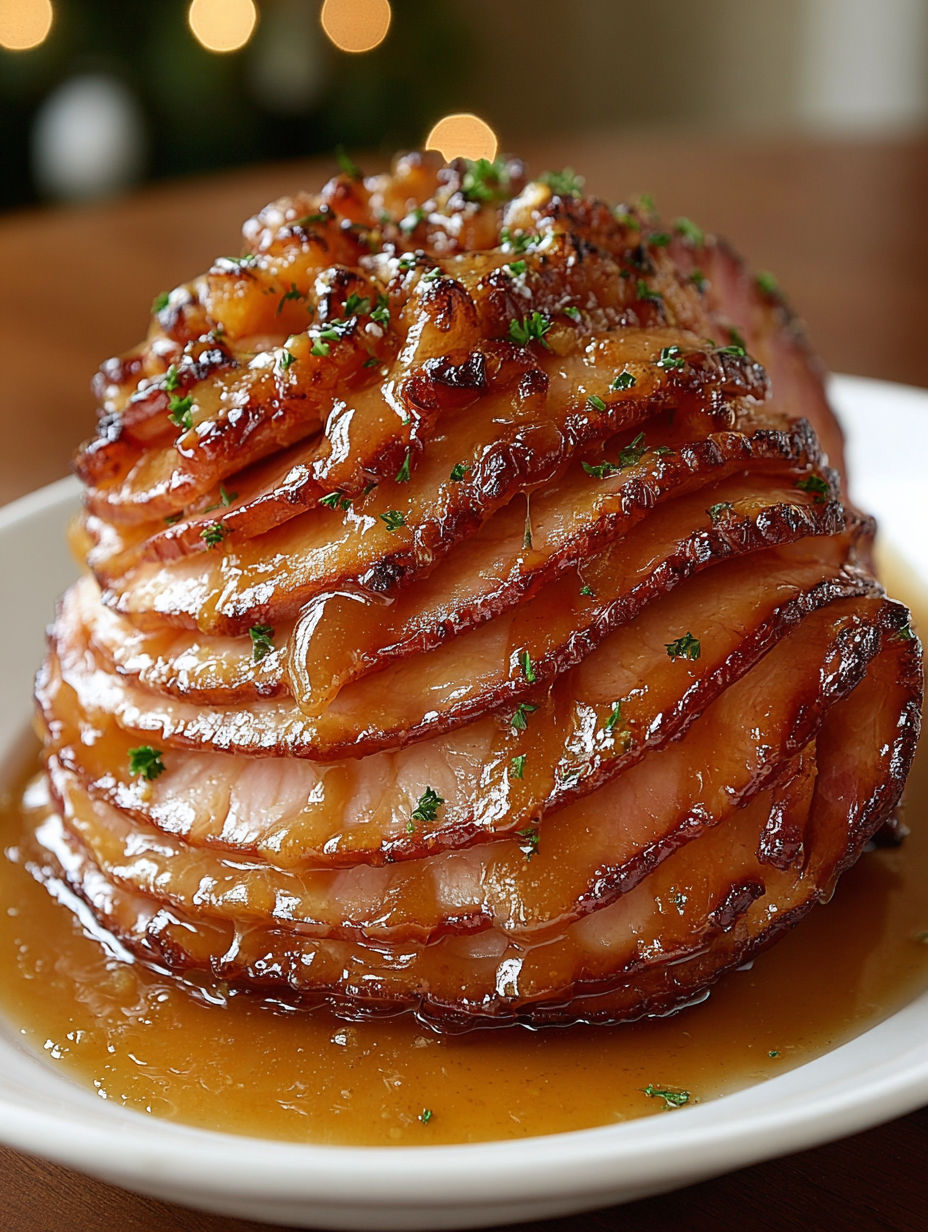 A glazed spiral ham on a plate.