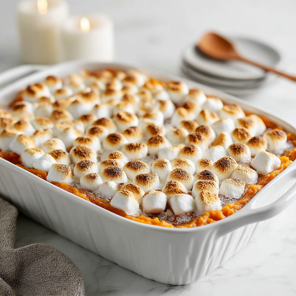 A white casserole dish filled with a sweet potato casserole and topped with marshmallows.