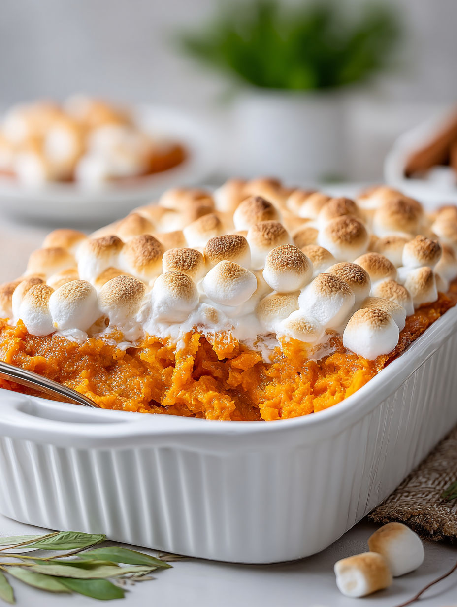 A delicious sweet potato casserole with marshmallows on top.