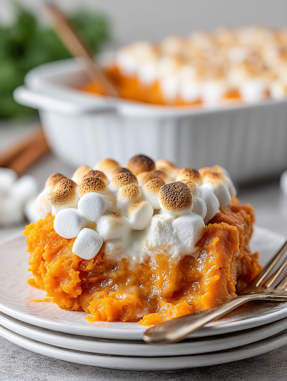 A dish of sweet potato casserole with marshmallows on top.