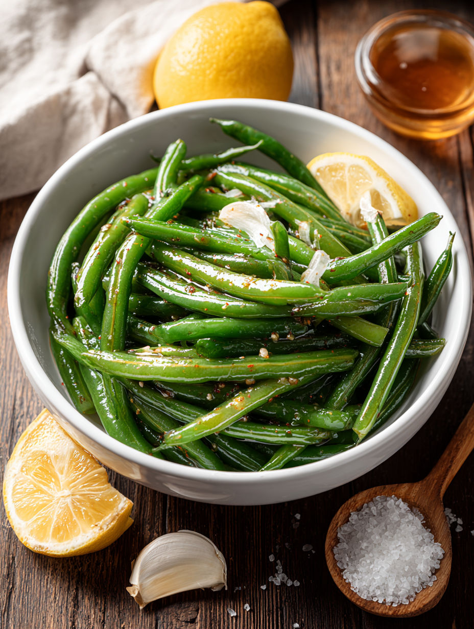 A bowl of green beans with seasoning.