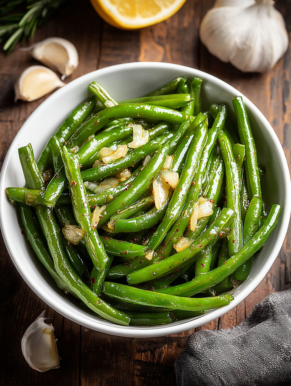 A bowl of green beans with onions and garlic.