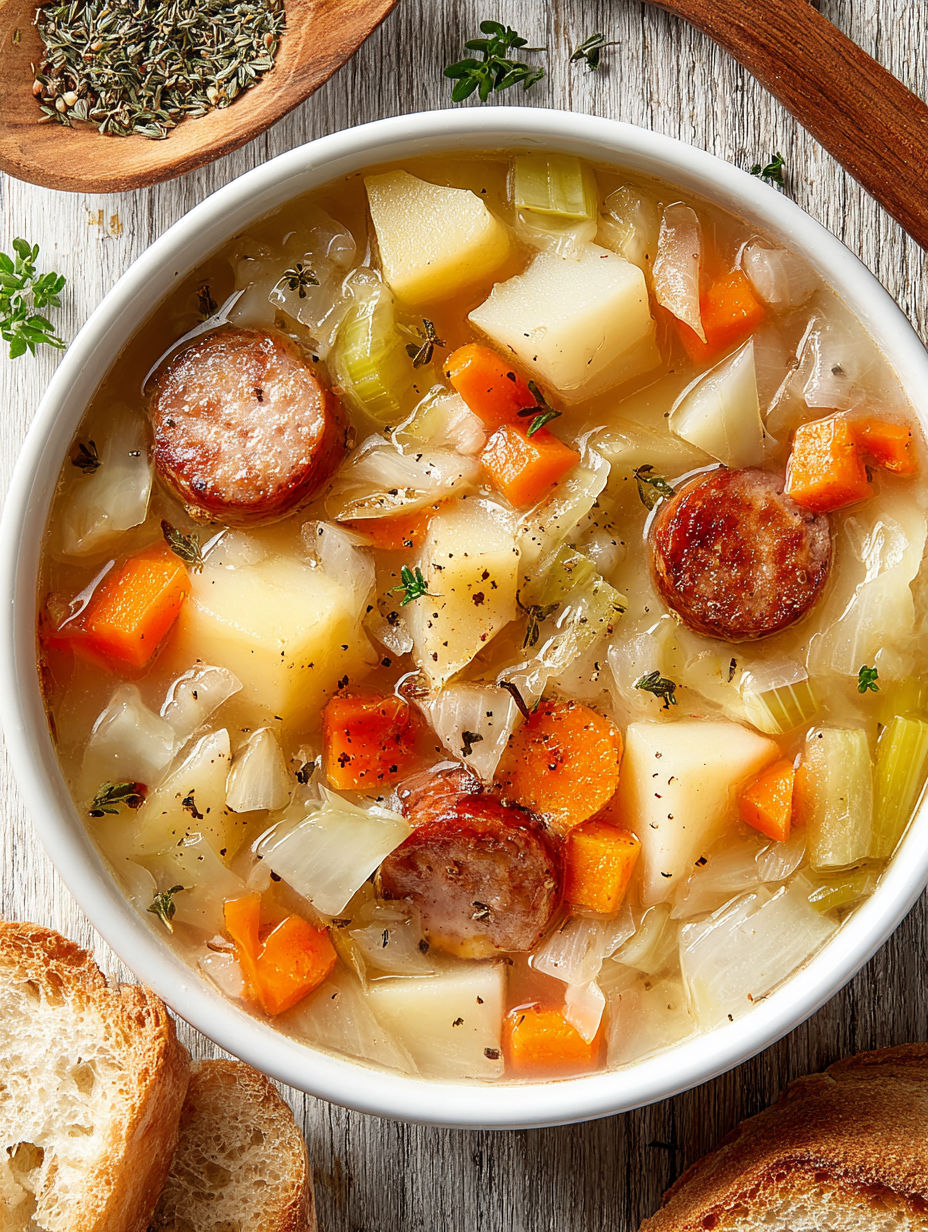 A bowl of soup with sausage, cabbage and potatoes.