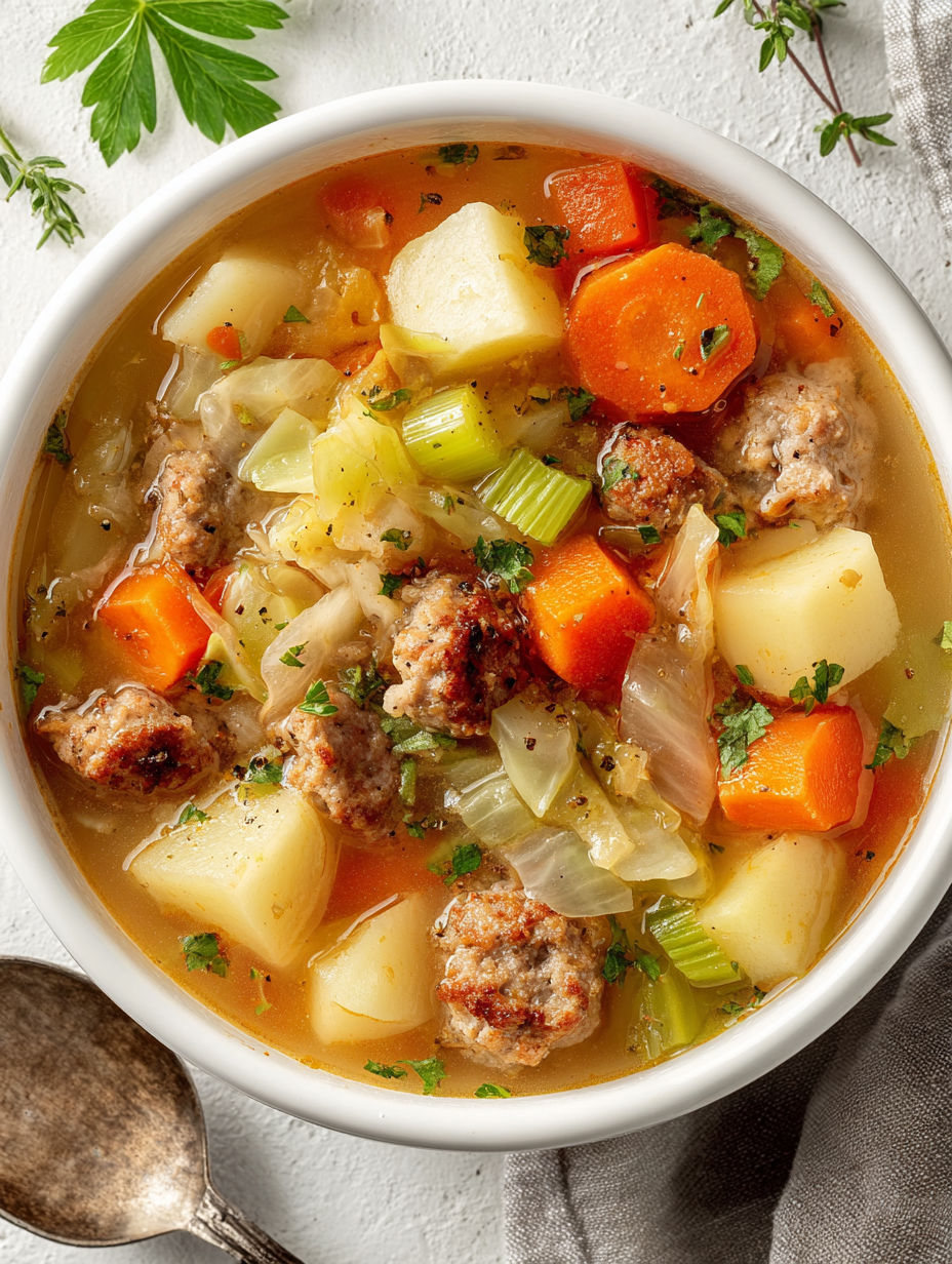 A bowl of soup with meat, vegetables and potatoes.