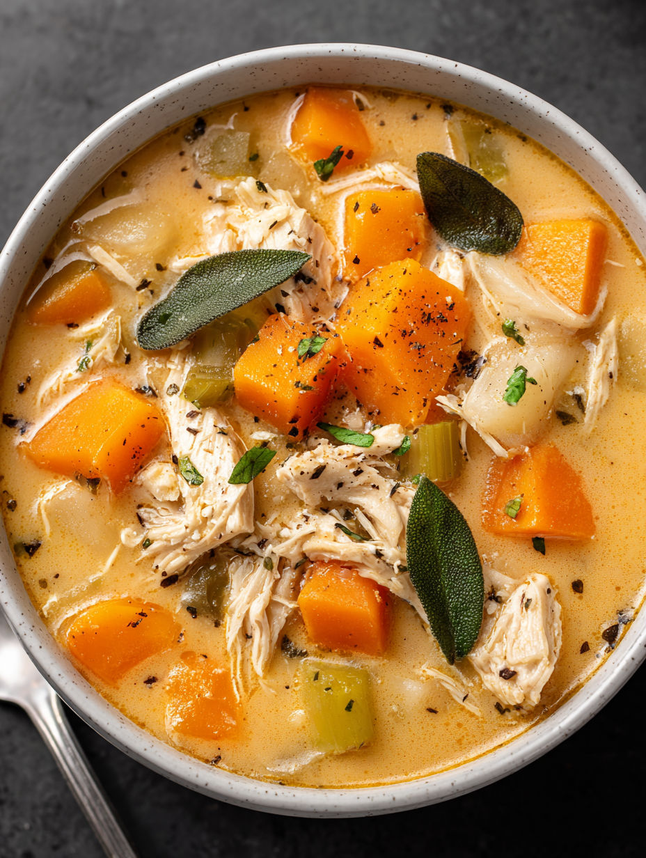 A bowl of soup with chicken, sweet potatoes, and herbs.