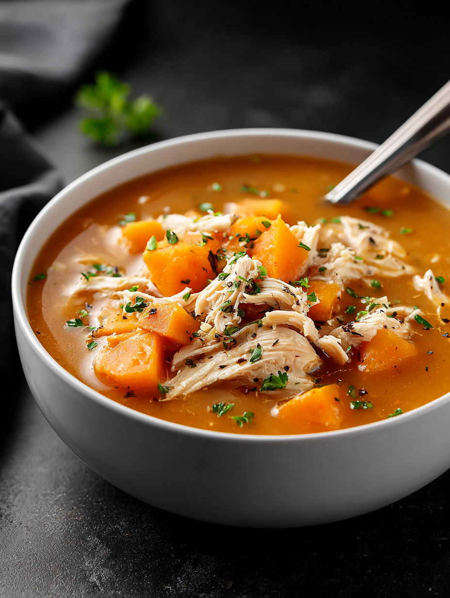 A bowl of soup with chicken and sweet potatoes.