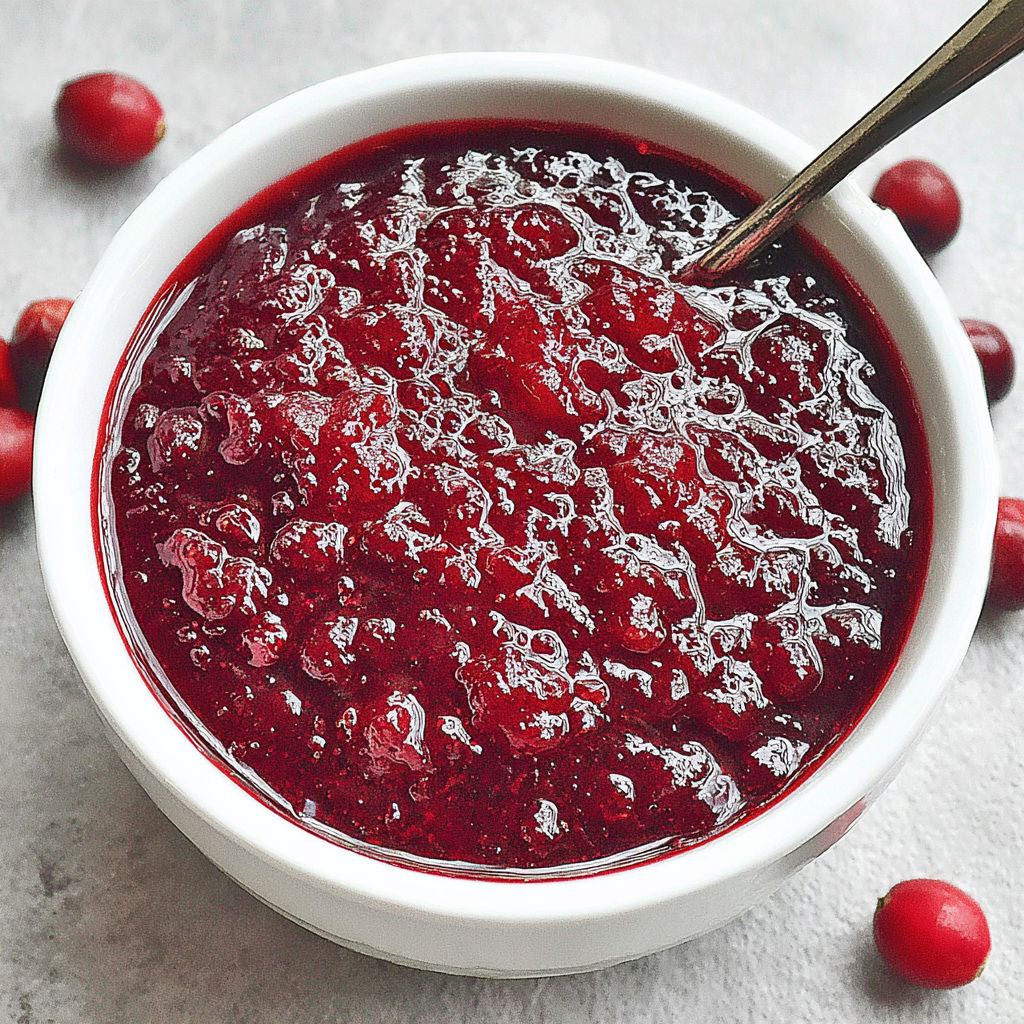 A bowl of cranberry sauce with a spoon in it.
