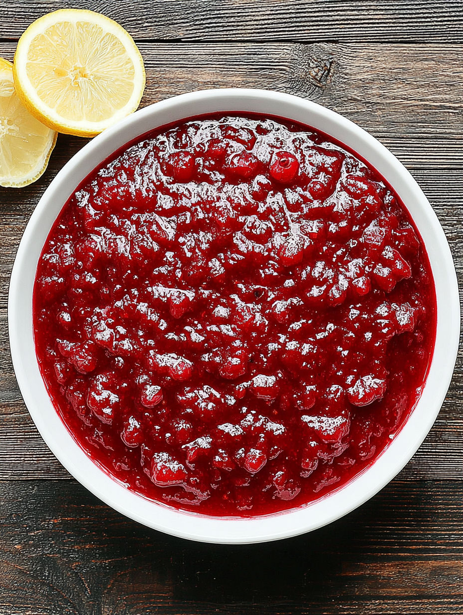 A bowl of cranberry sauce with a lemon wedge on top.