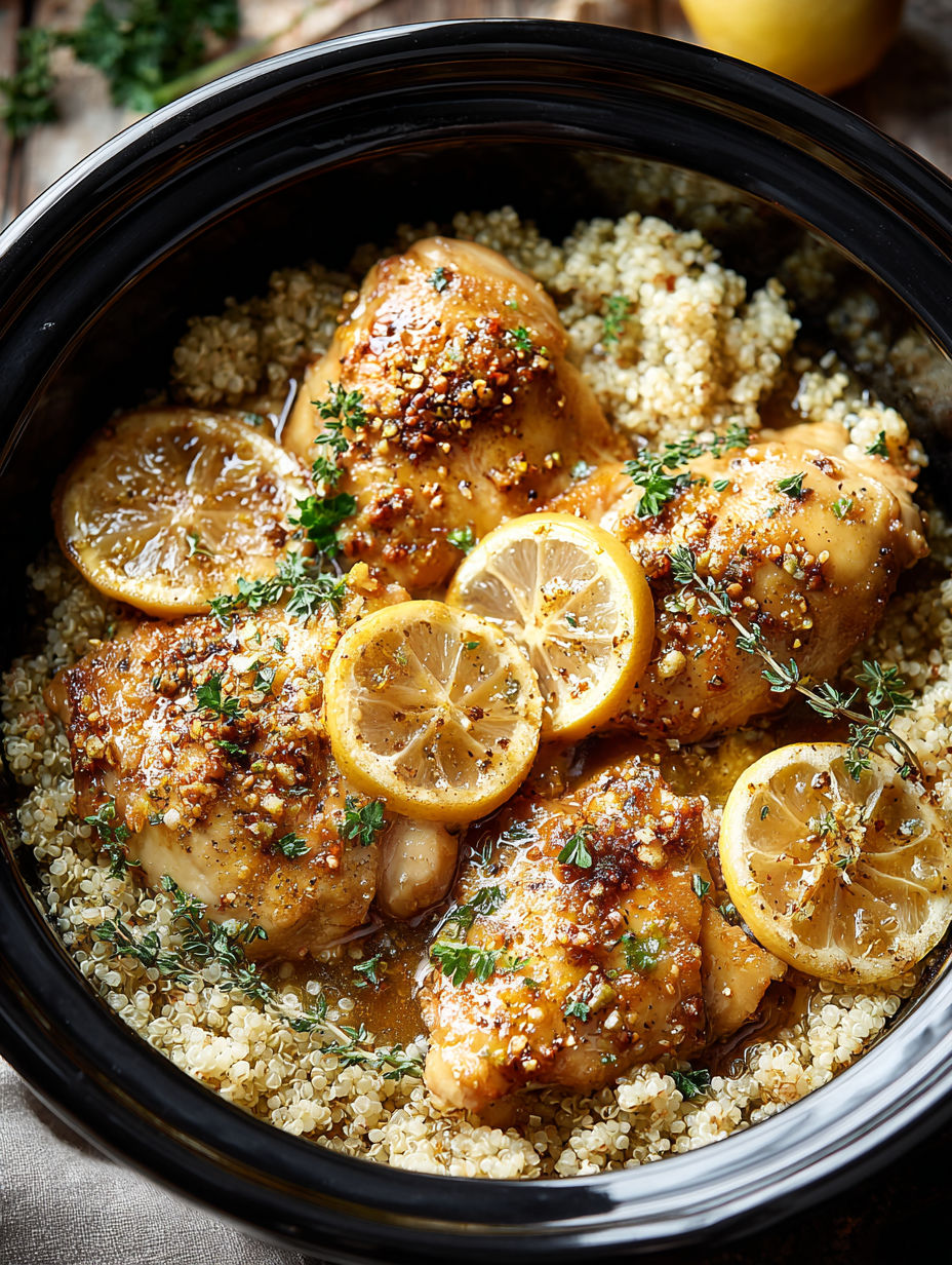 A bowl of chicken with lemon and herbs.
