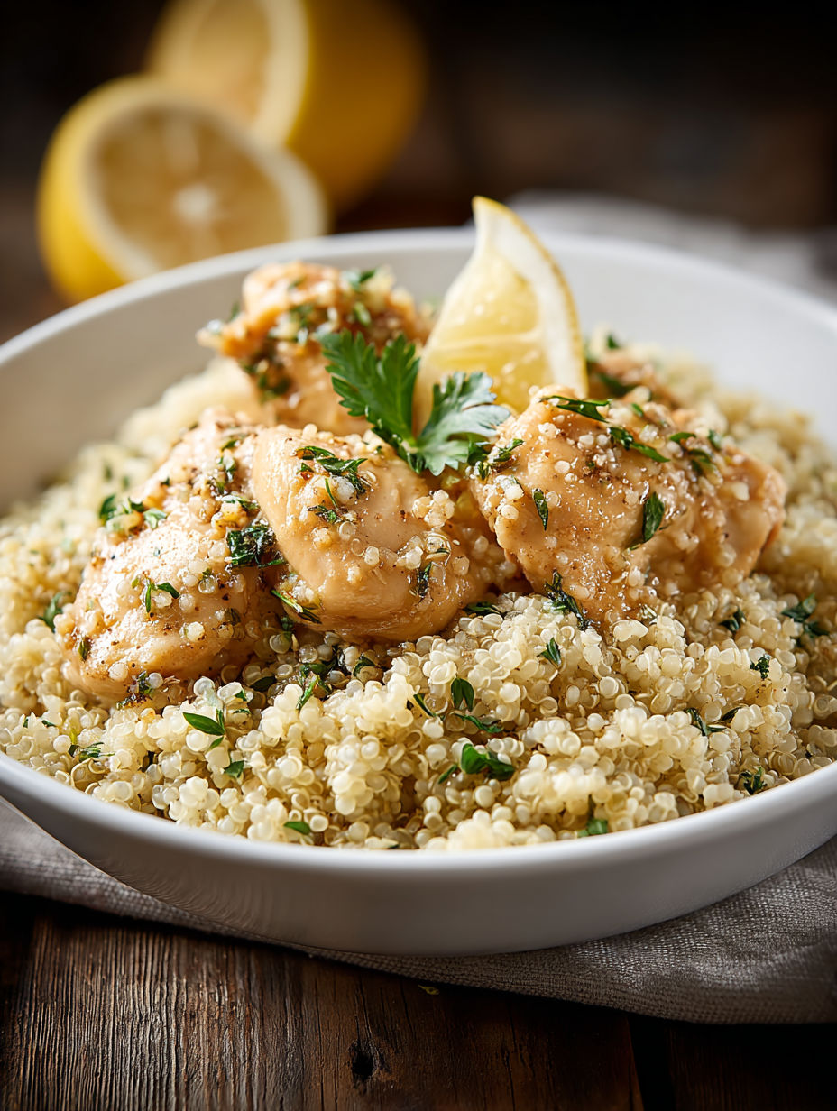 A bowl of chicken and quinoa.