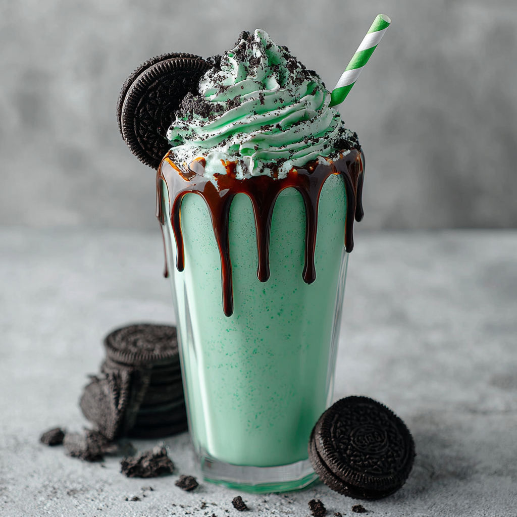 A green milkshake with chocolate drizzle and cookie crumbles.