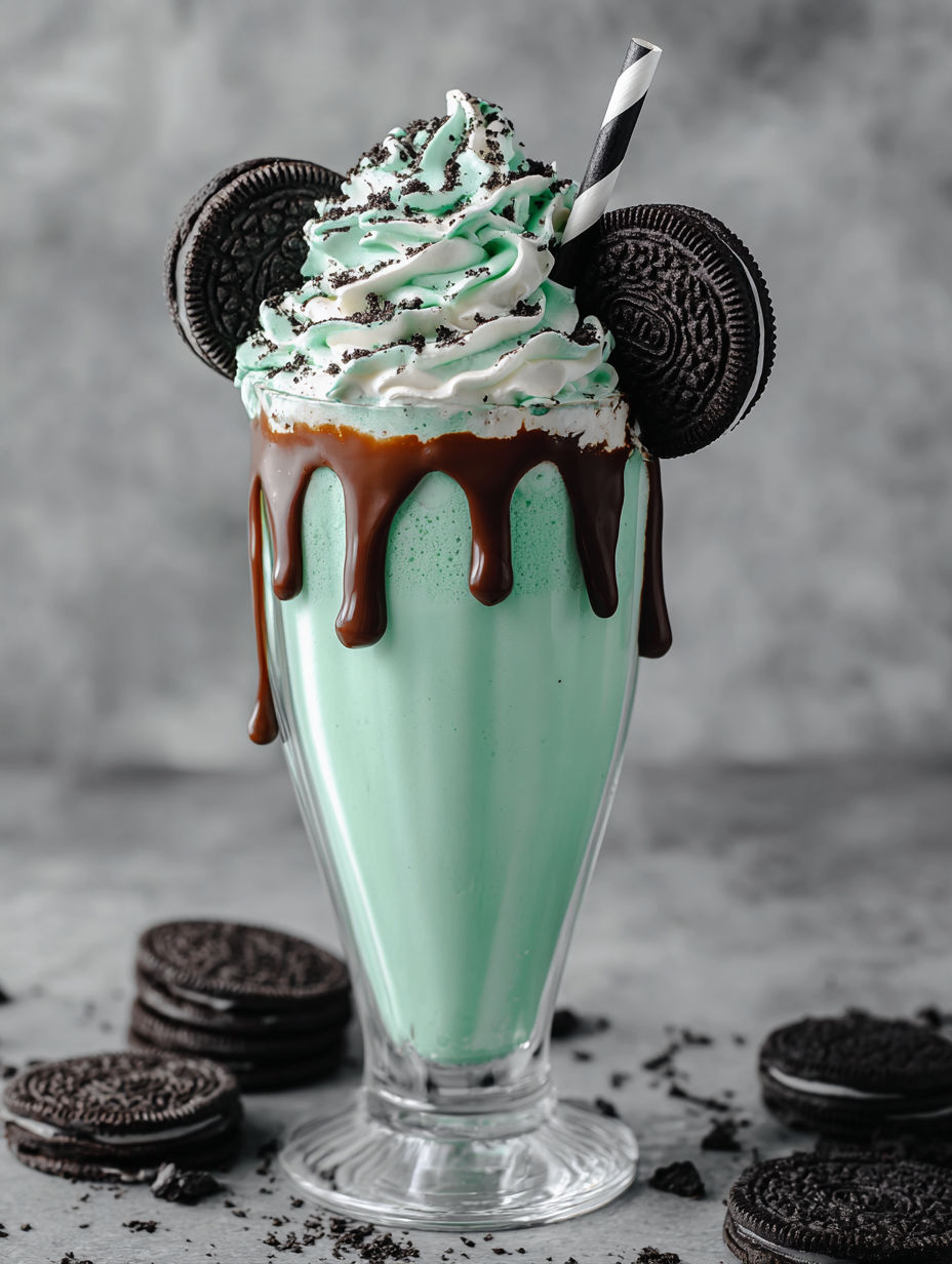 A green milkshake with cookies and cream.