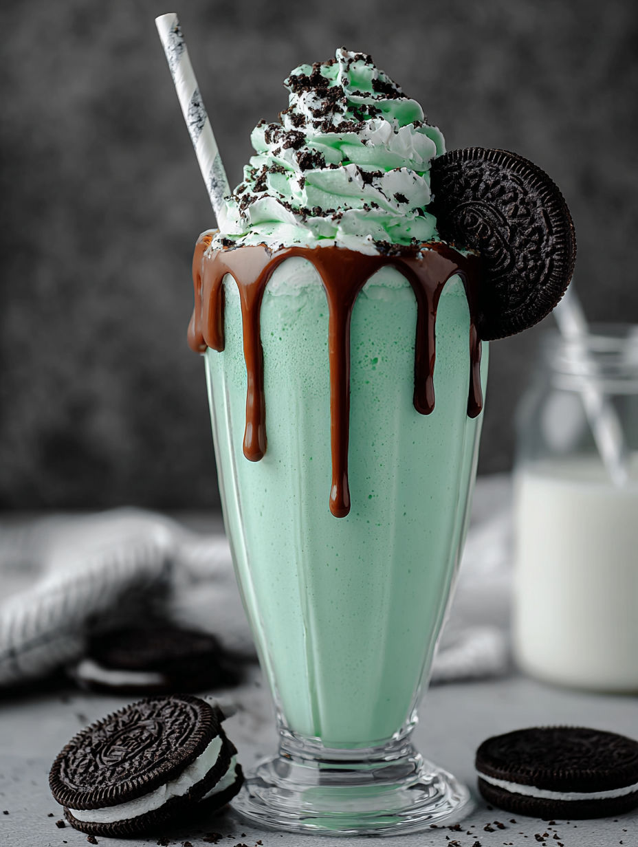 A green milkshake with cookies and cream.