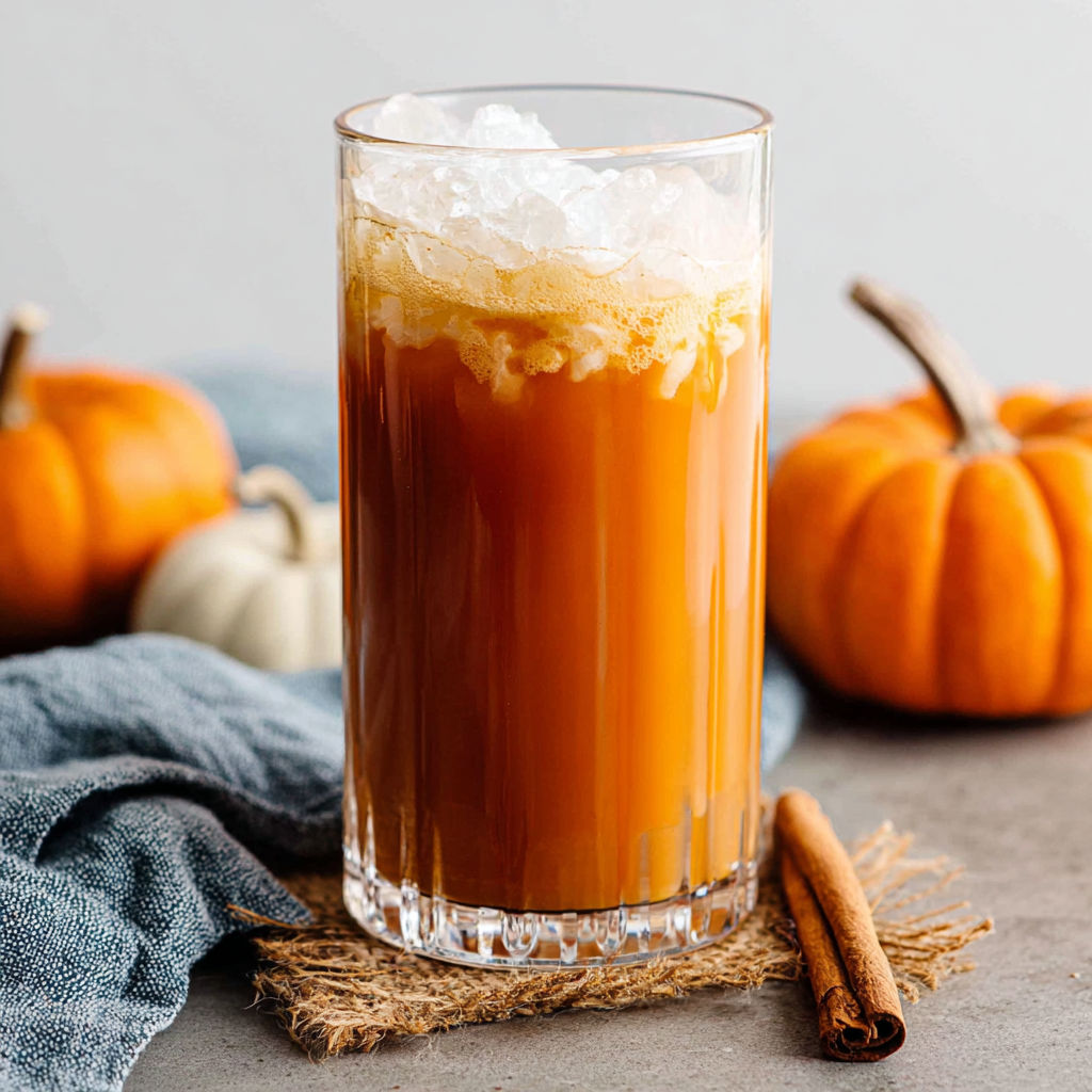 A glass of pumpkin juice with a cinnamon stick on the side.