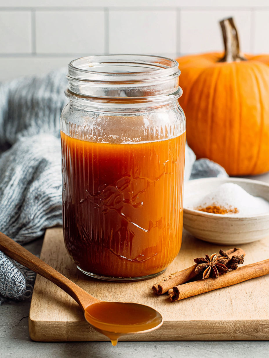 A jar of pumpkin sauce with a spoon in it.