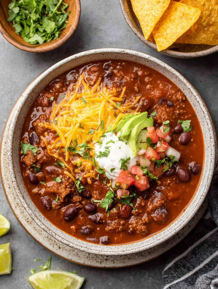 A bowl of chili with cheese and tomatoes.