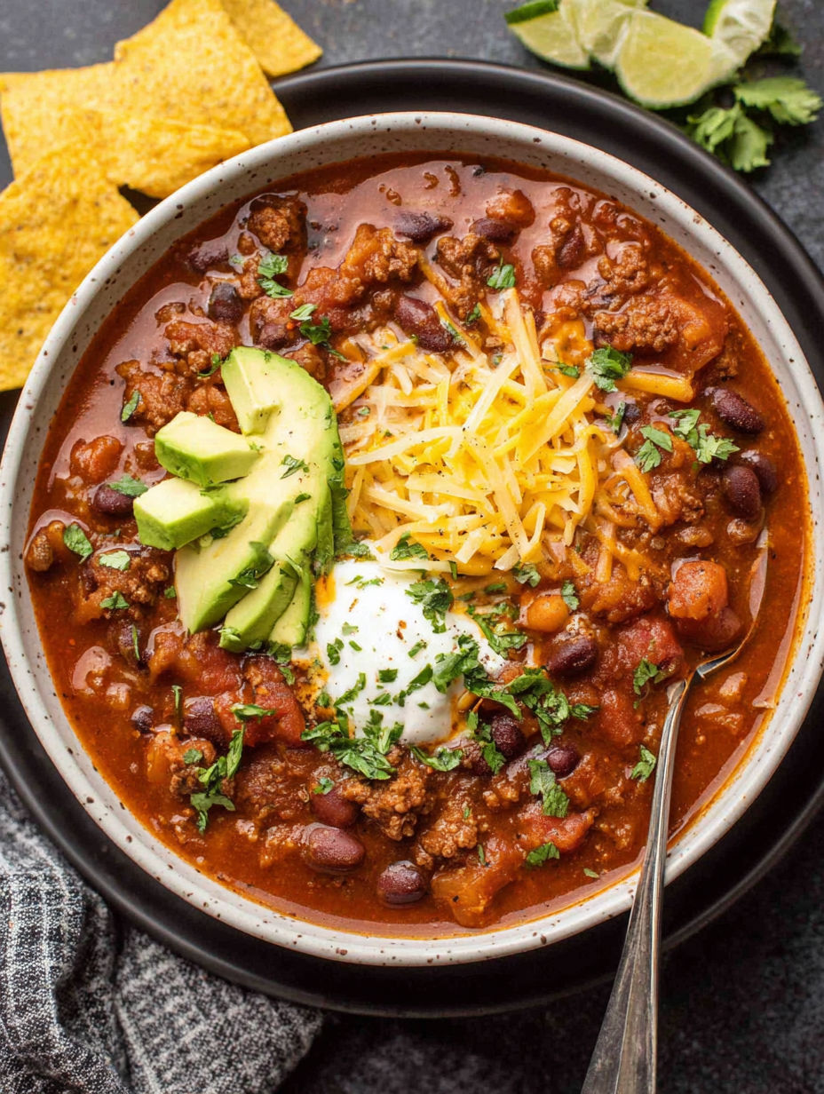 A bowl of chili with a spoon in it.