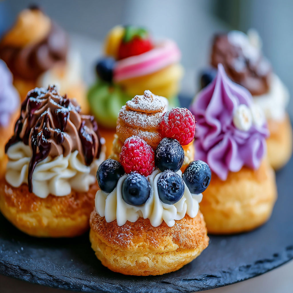 A plate of mini desserts with various toppings.