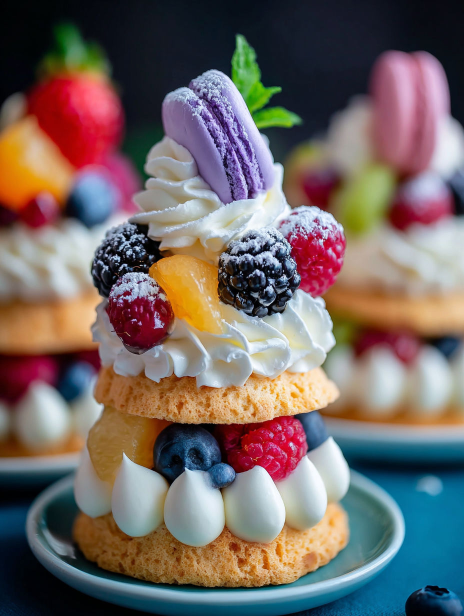 A stack of desserts with fruit on top.