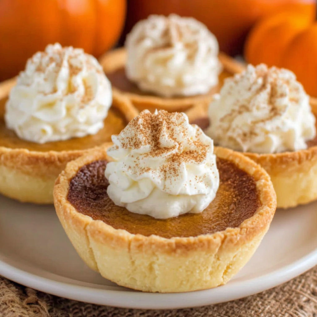 Three mini pumpkin pies with whipped cream on top.