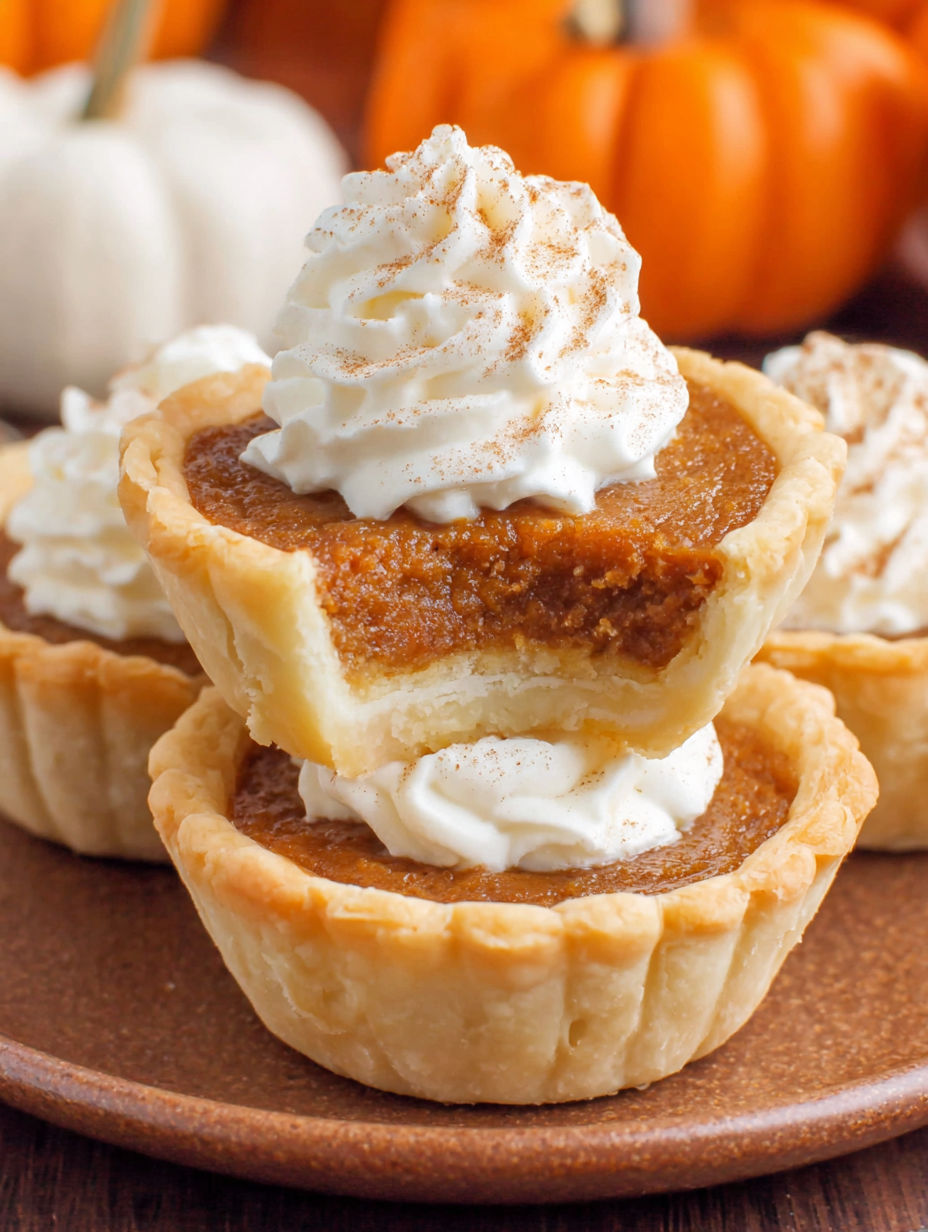 Three mini pumpkin pies with whipped cream on top.