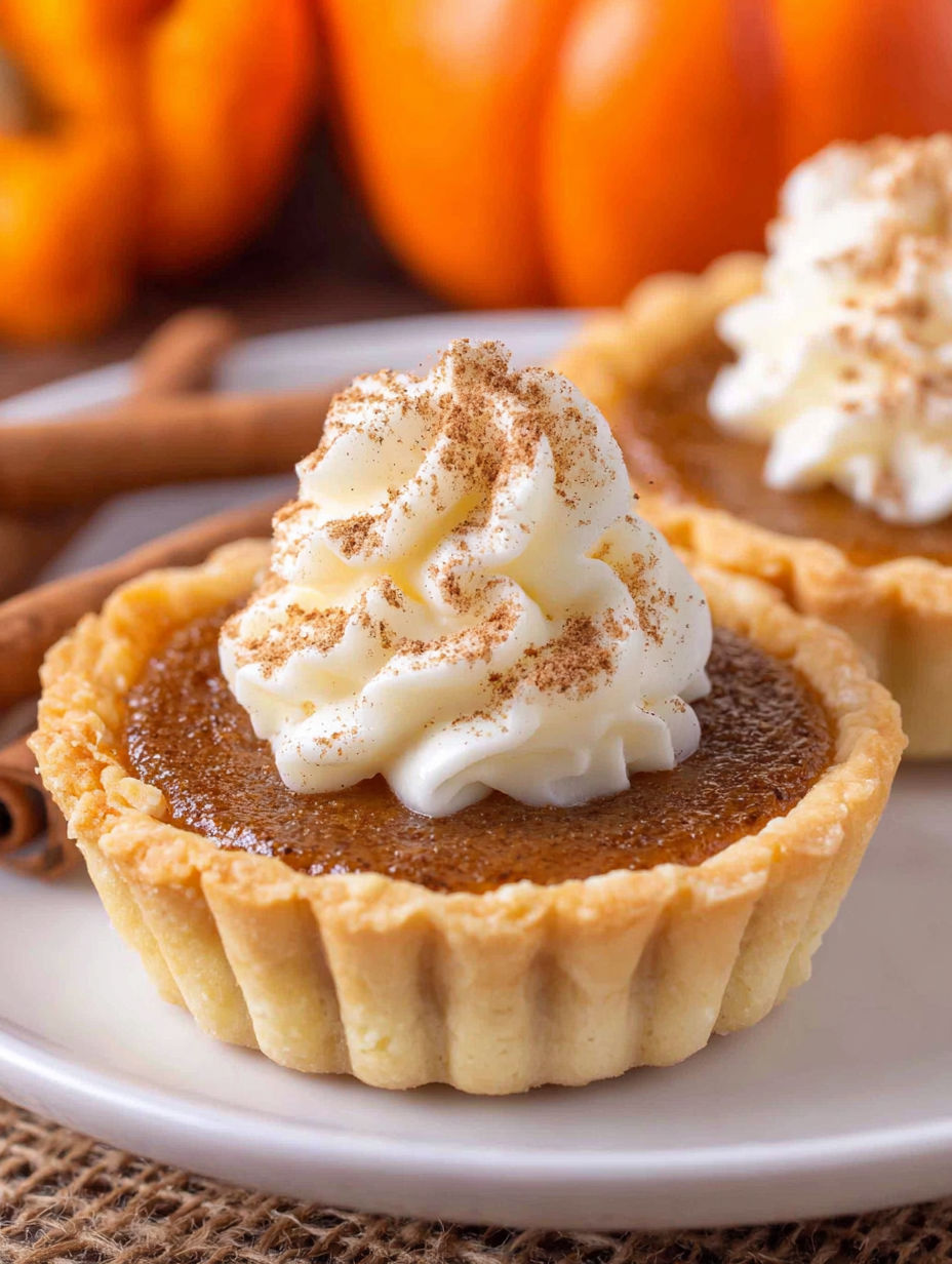 Two mini pumpkin pies with whipped cream on top.