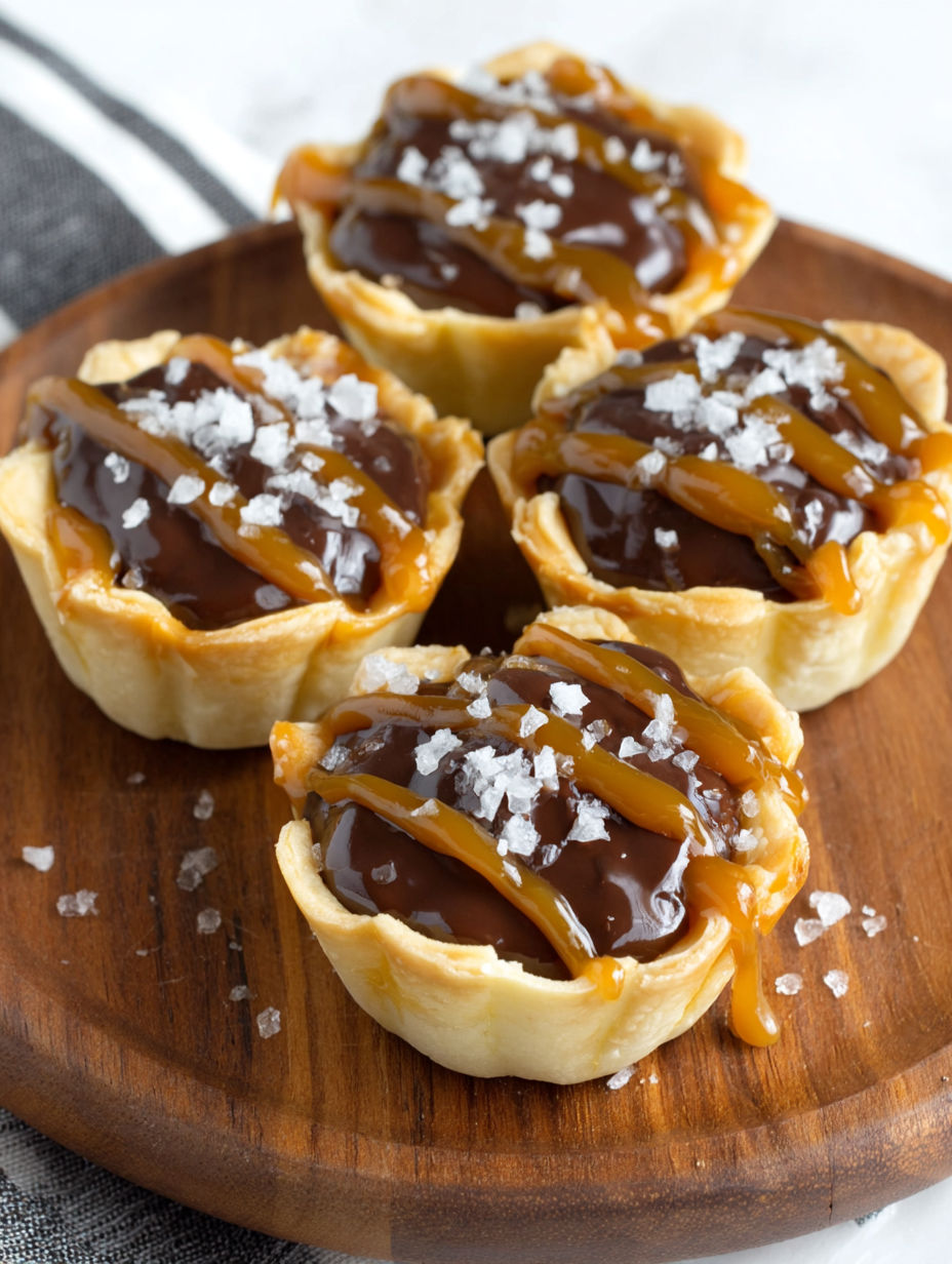 Four mini chocolate ganache tarts on a wooden platter.