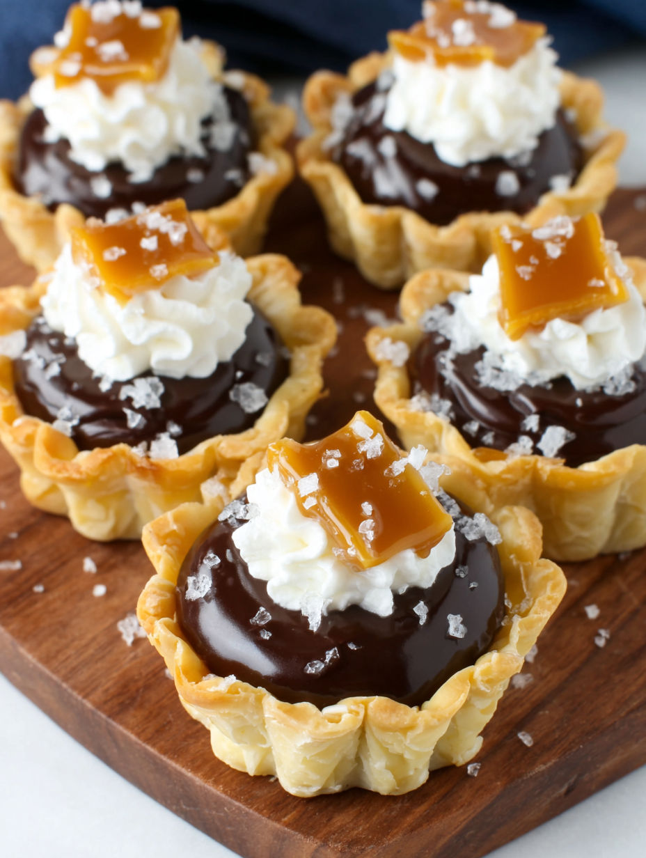 Mini chocolate ganache tarts on a wooden board.
