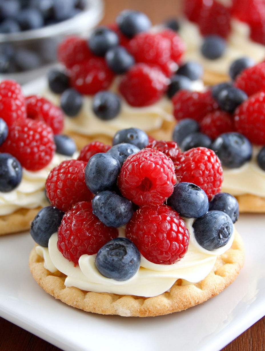 A dessert with raspberries and blueberries on top.