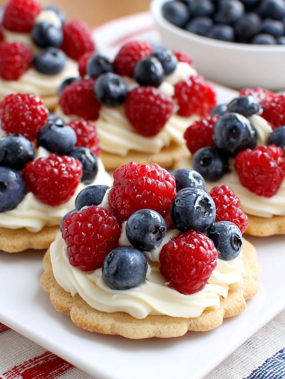 A plate of cookies with blueberries and raspberries on top.