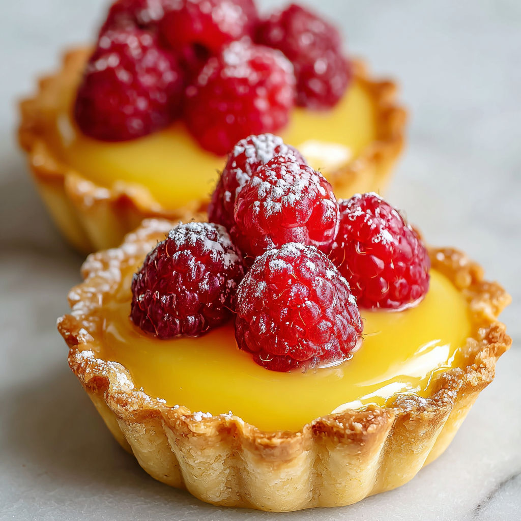 Two mini lemon raspberry tarts with fresh raspberries on top.