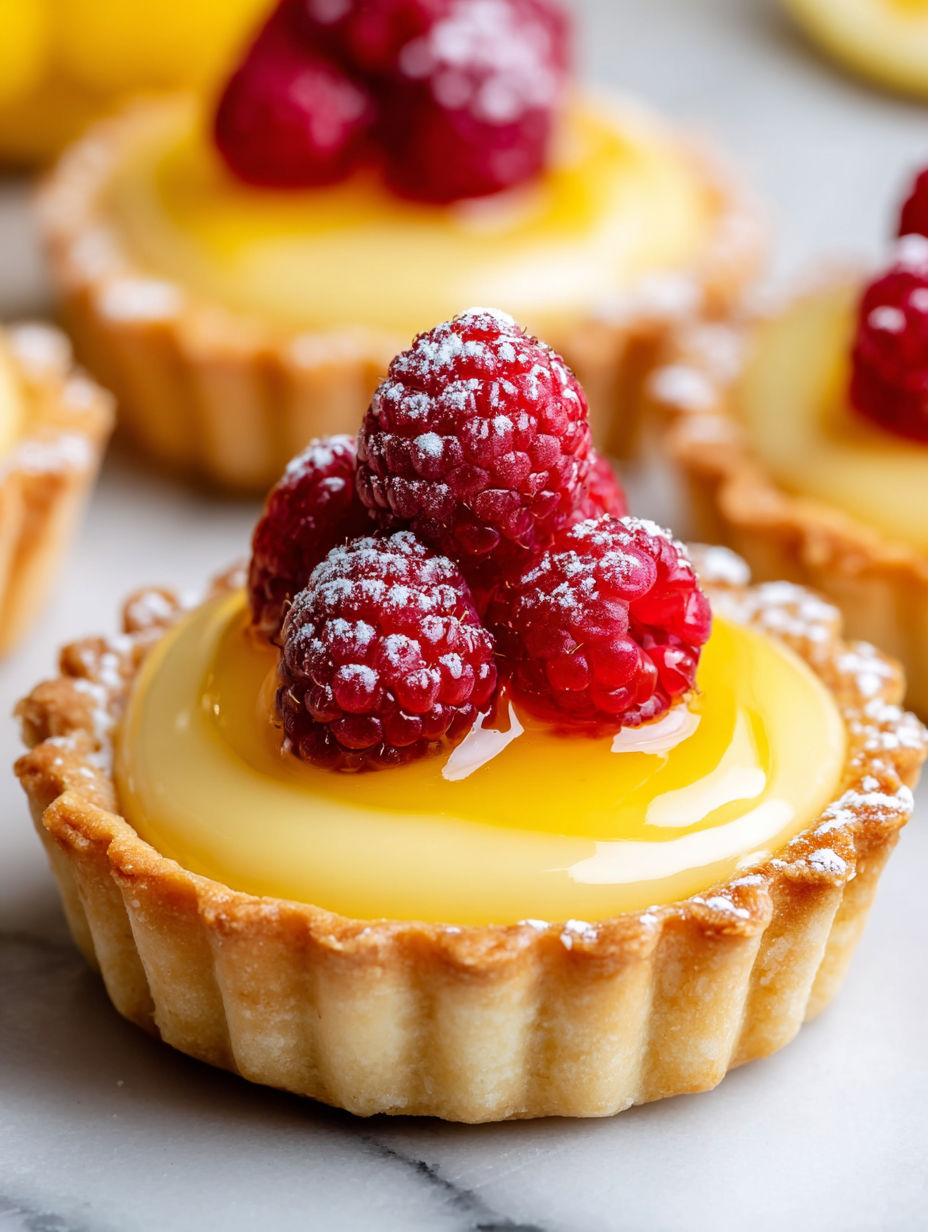 A close up of a mini lemon raspberry tart.