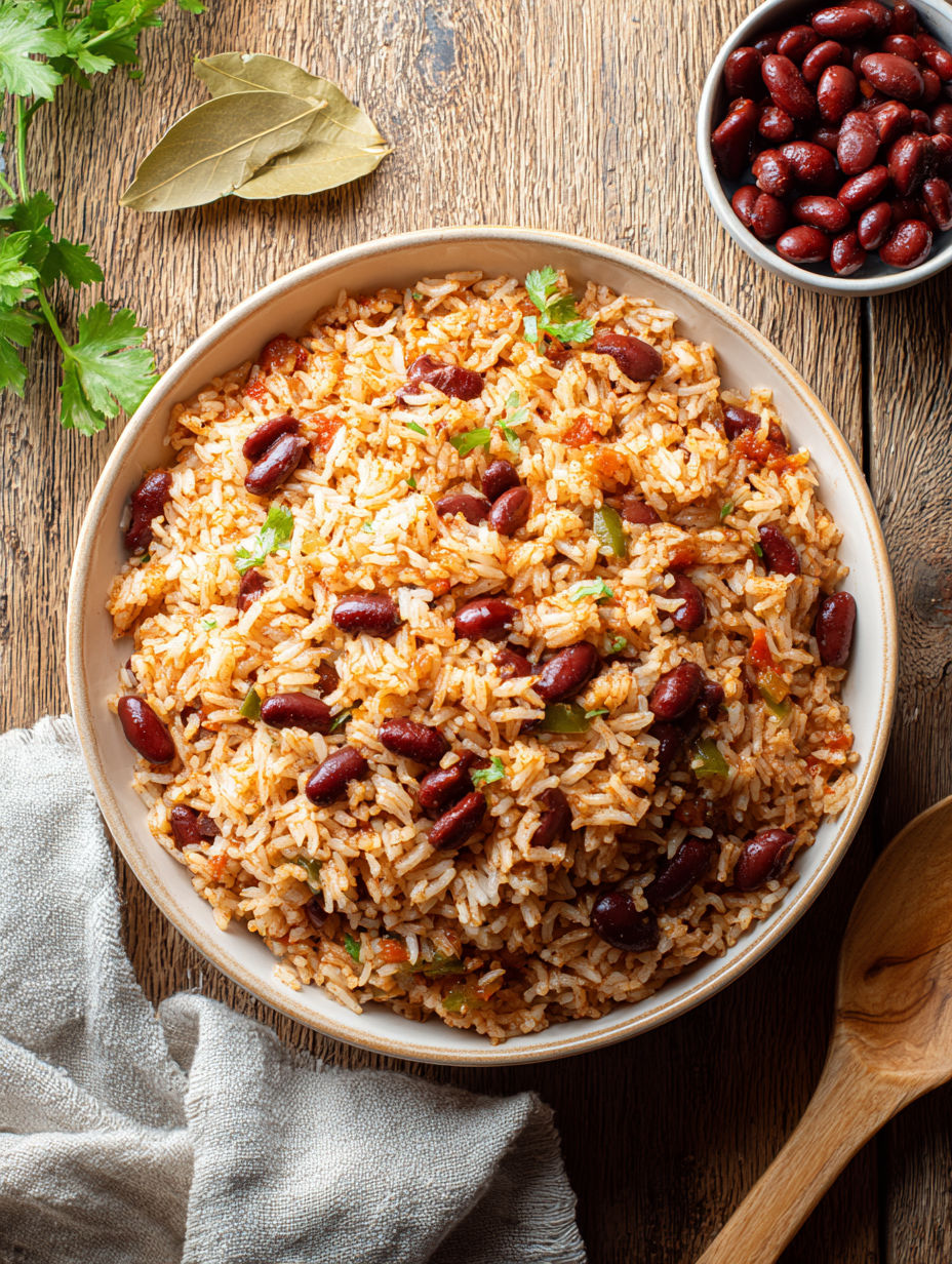 A bowl of rice with red beans.