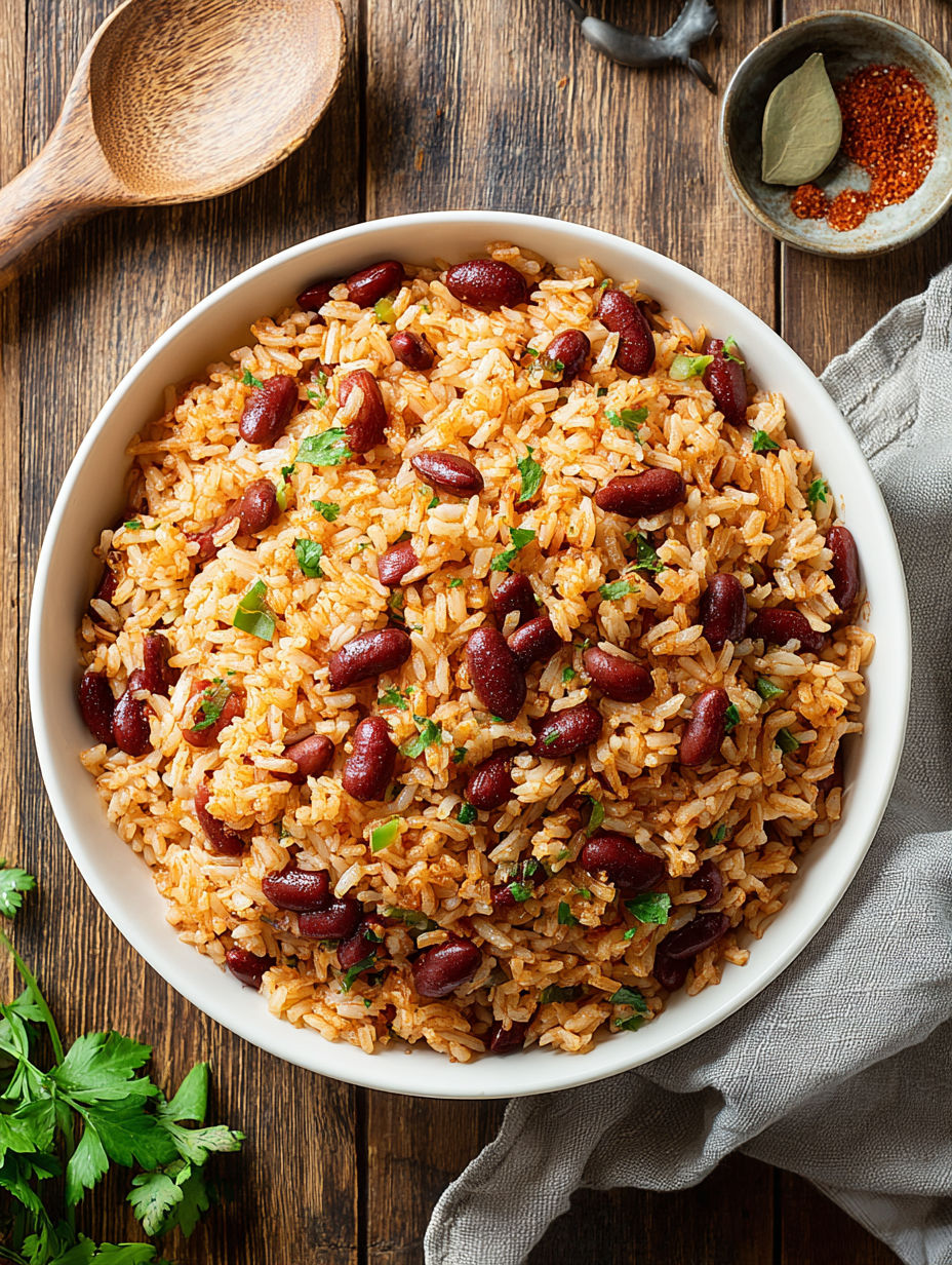 A bowl of rice with red beans.