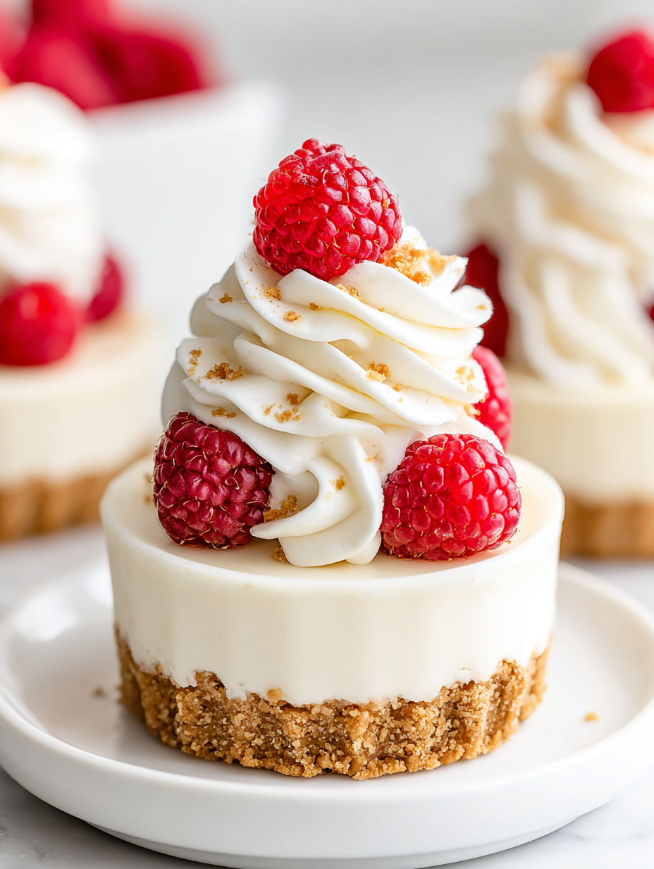 A close up of a raspberry cheesecake with whipped cream.