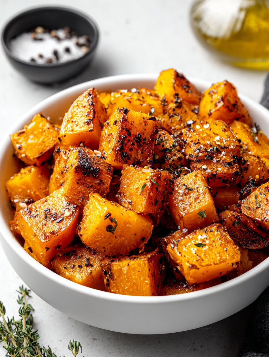 A bowl of roasted pumpkin with spices.