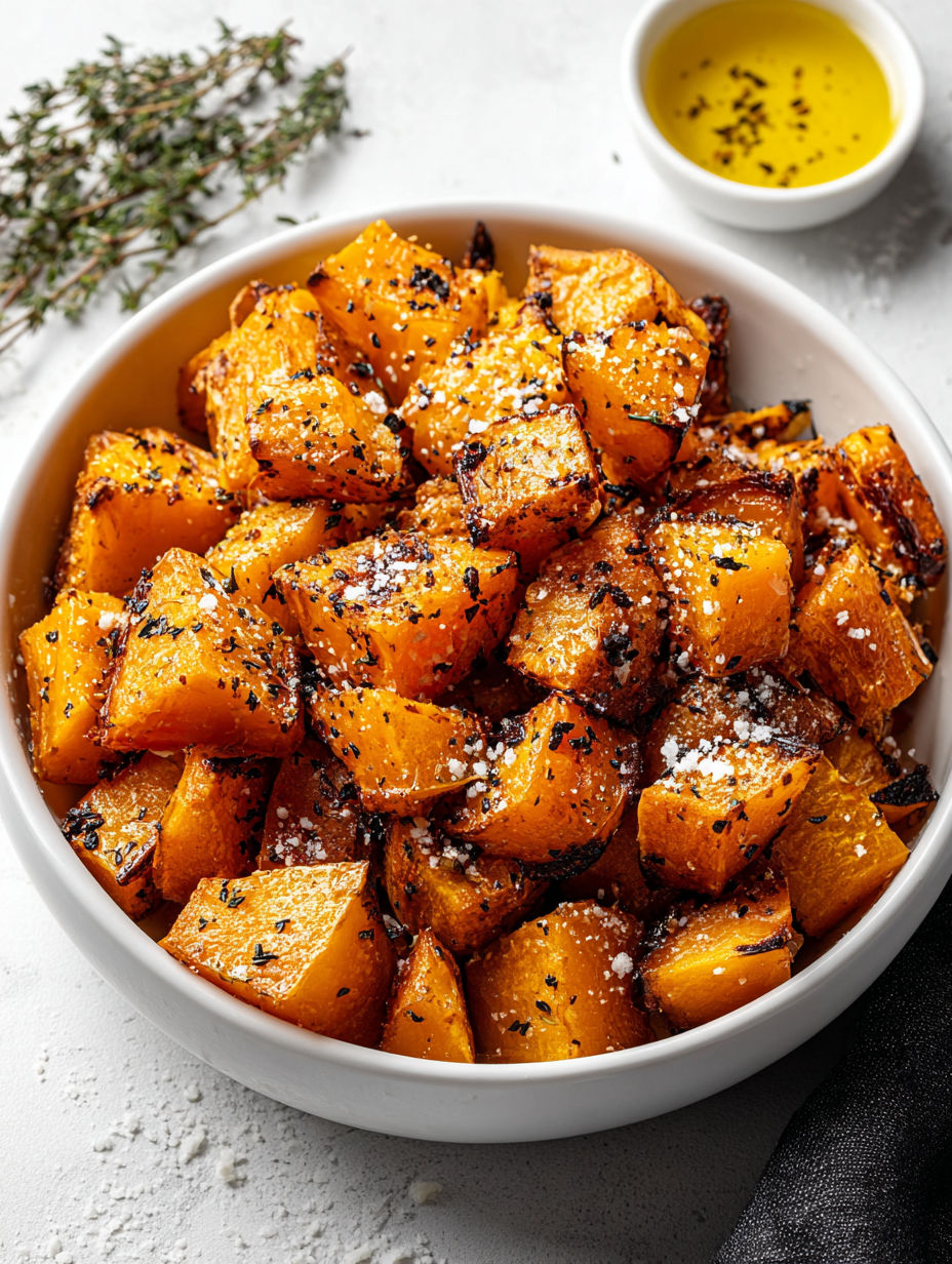 A bowl of roasted pumpkin with spices.
