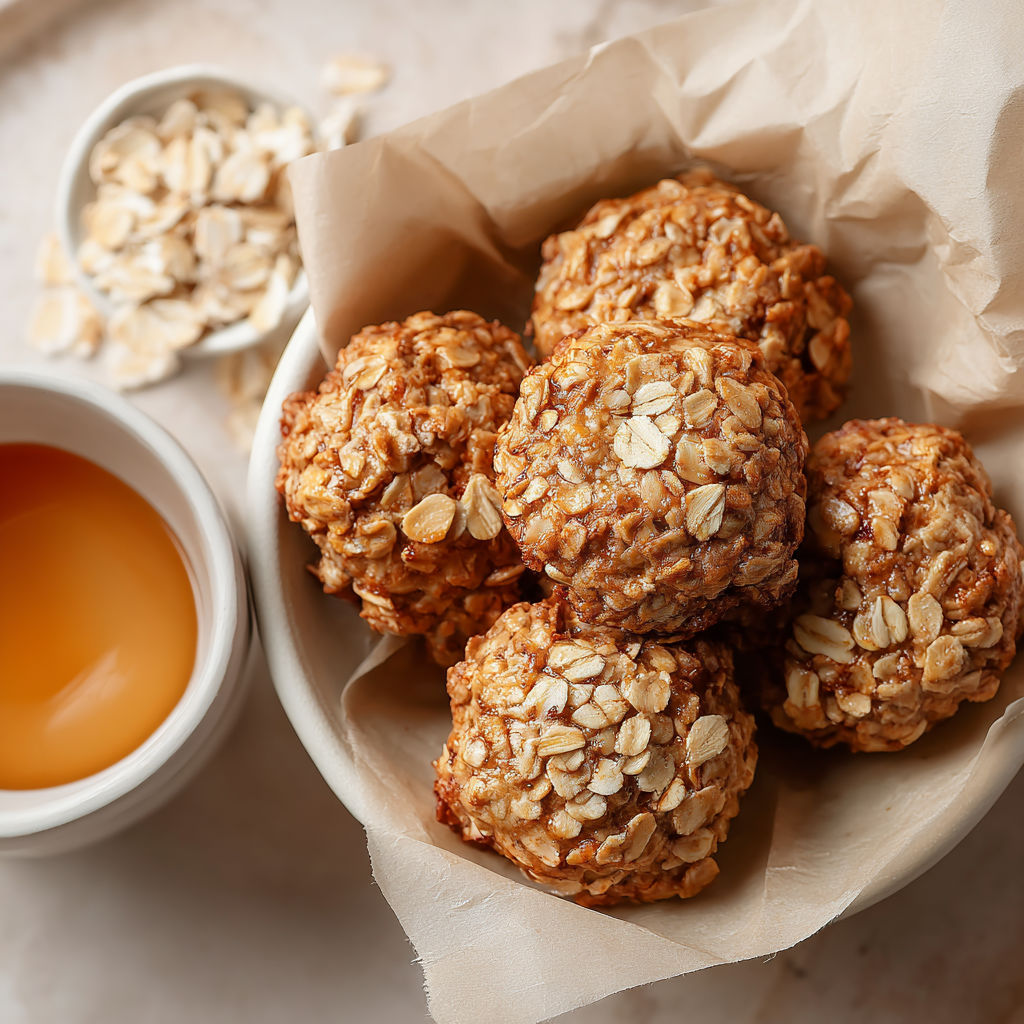 A bowl of oatmeal balls with a cup of tea.