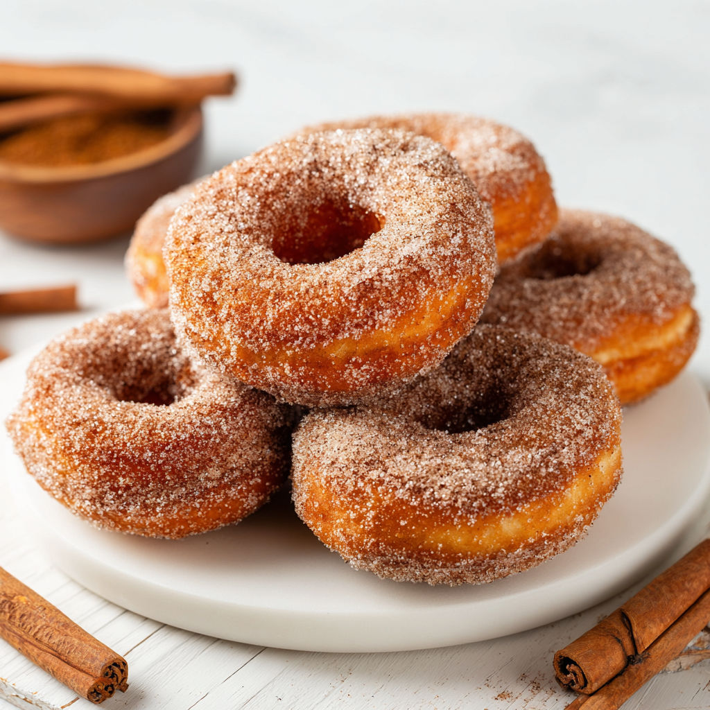 A stack of sugar coated doughnuts.