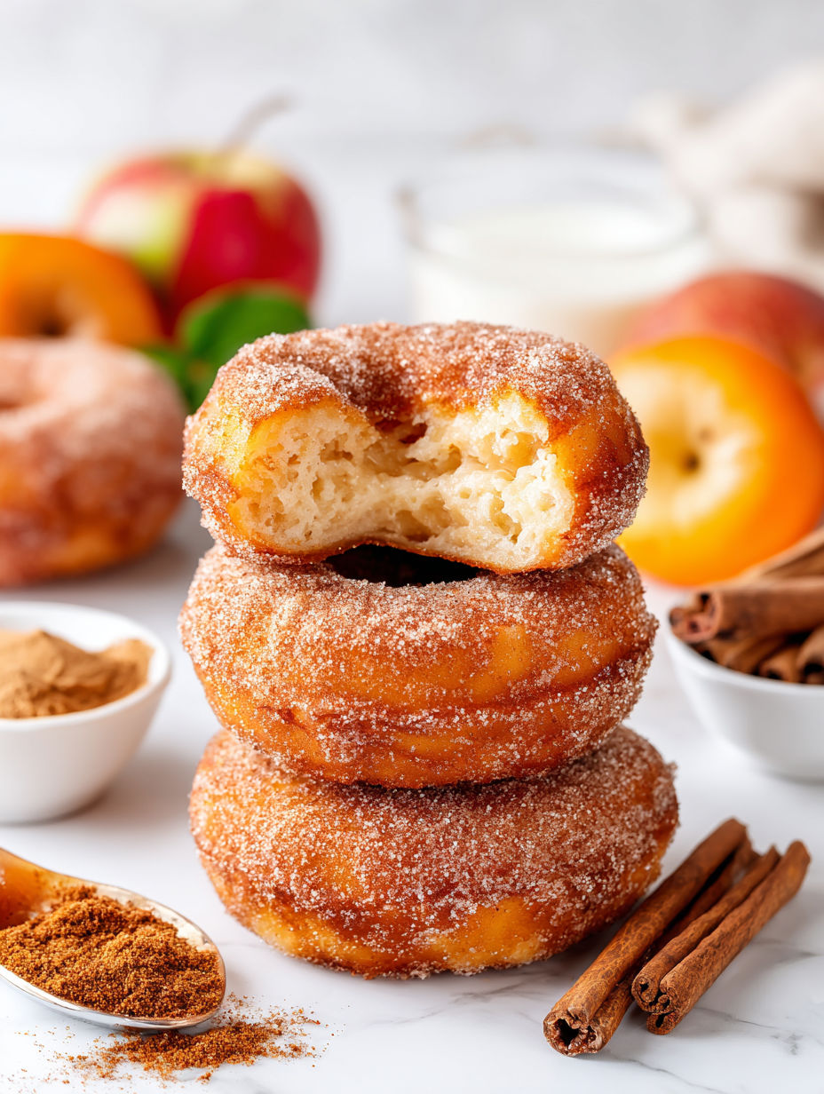 A stack of doughnuts with sugar and cinnamon on top.