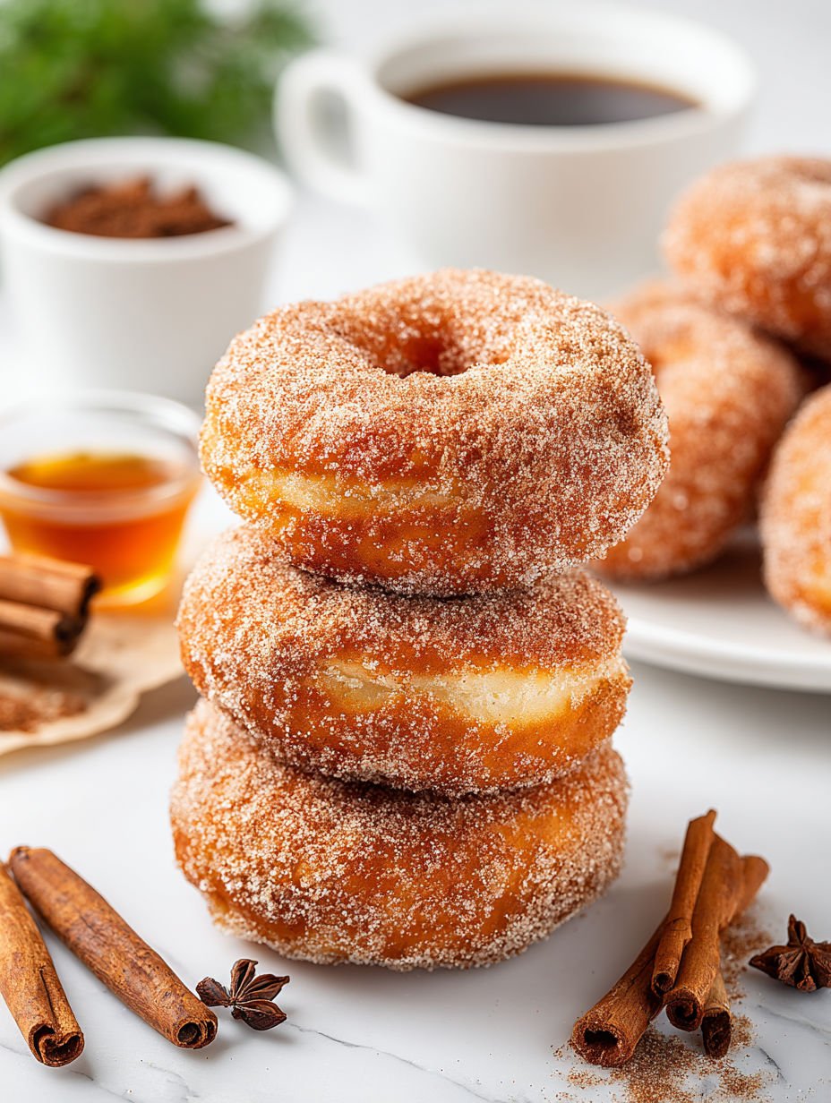 A stack of sugar coated doughnuts.