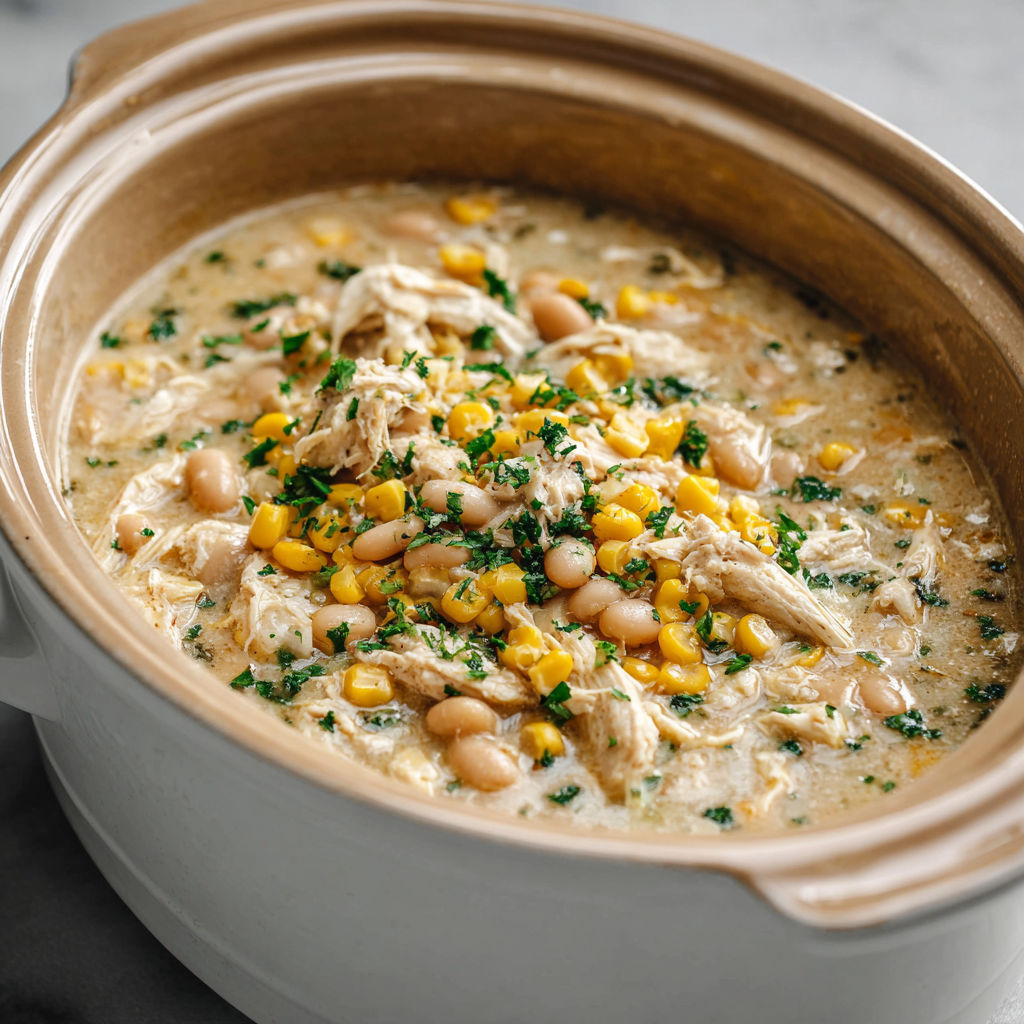 A bowl of chicken chili with corn and beans.
