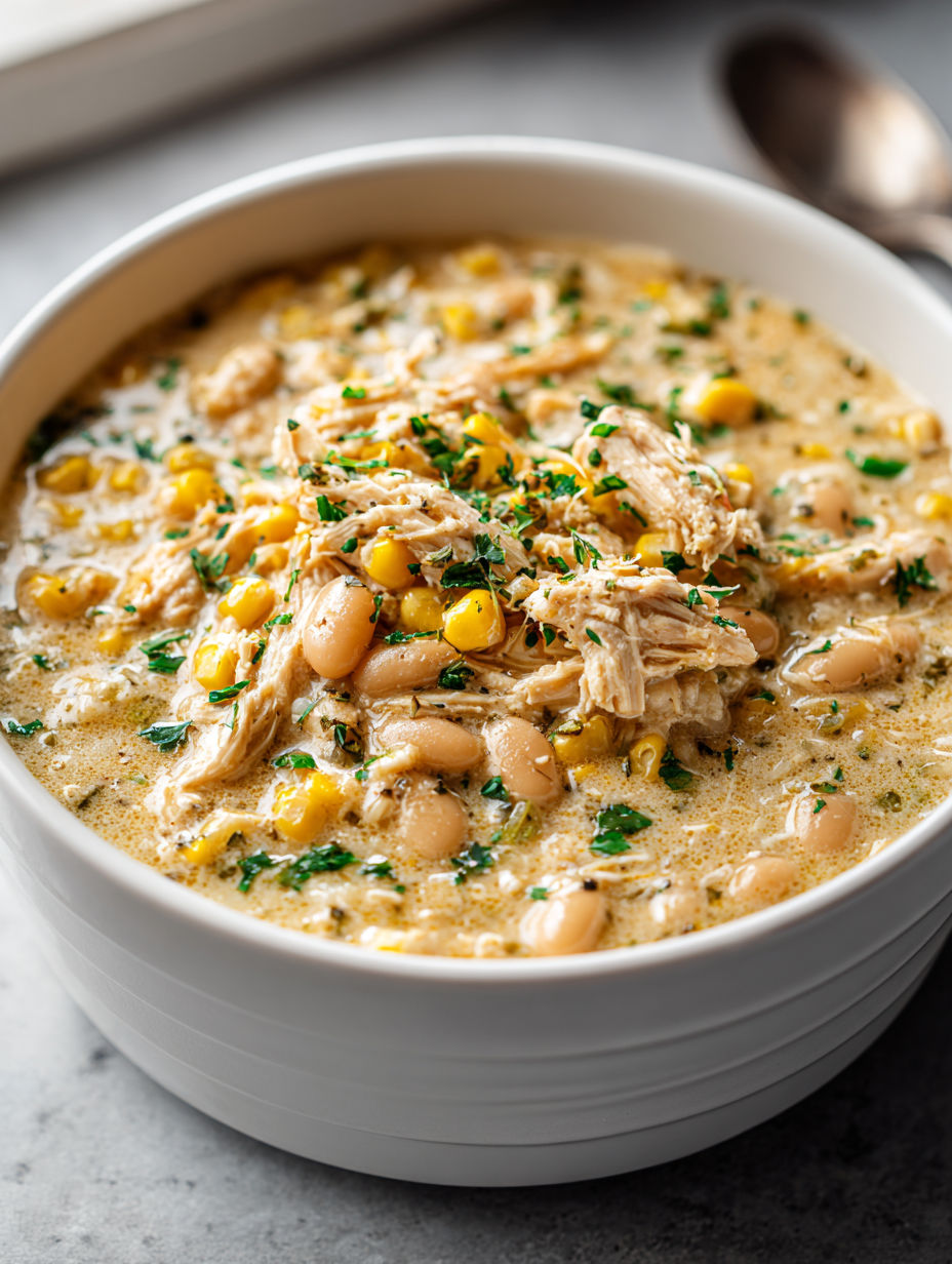 A bowl of chicken chili with corn and green onions.