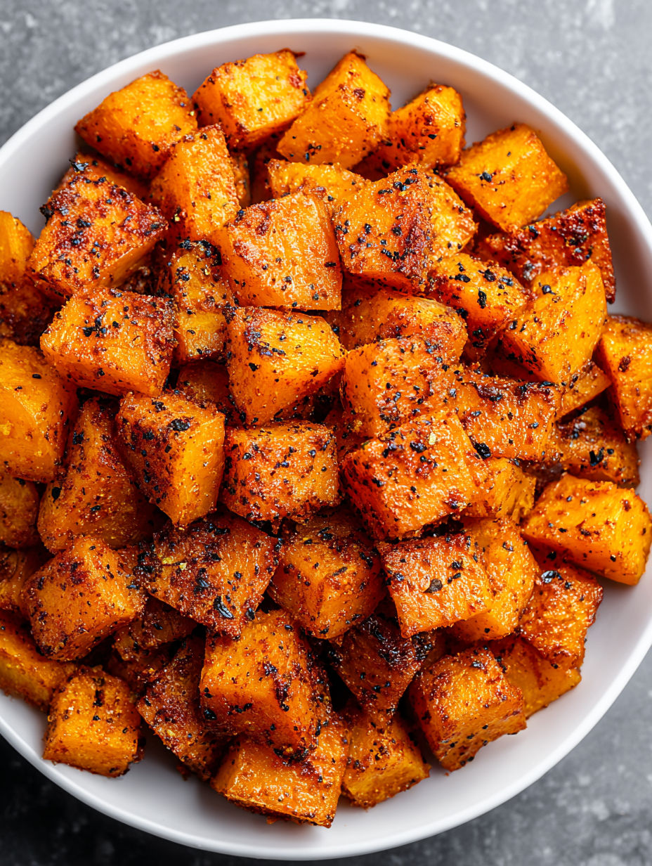 A bowl of cooked pumpkin cubes.