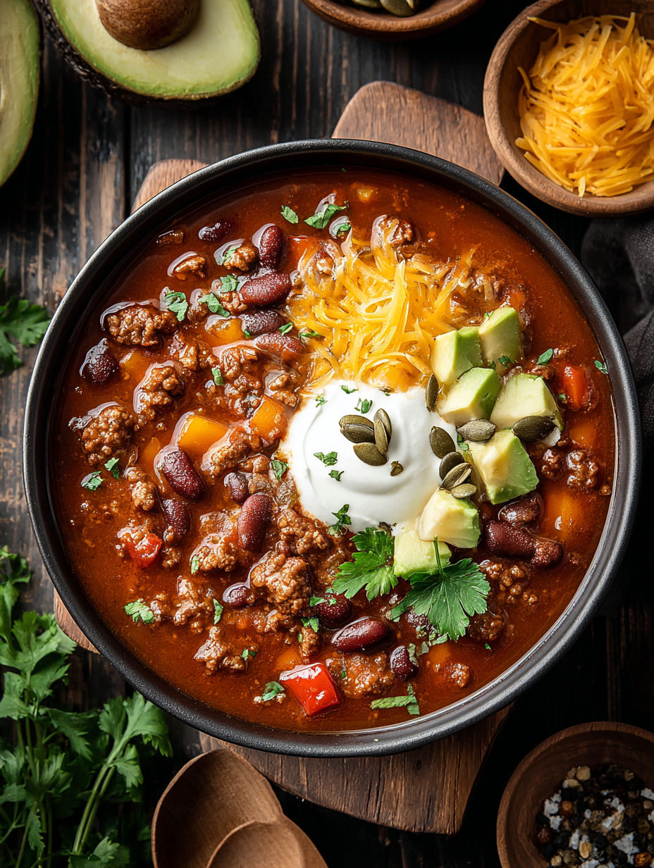 A bowl of pumpkin chili with a dollop of sour cream on top.