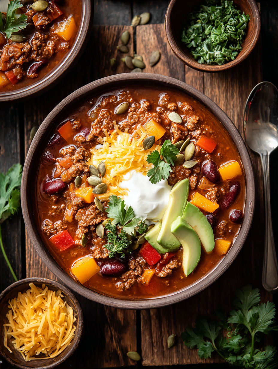 A bowl of chili with a spoon in it.