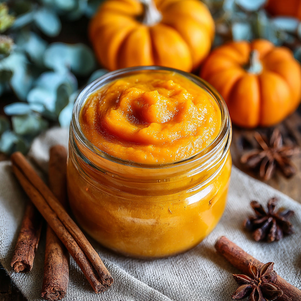 A jar of creamy puré de calabaza sits on a table with cinnamon sticks and pumpkins.