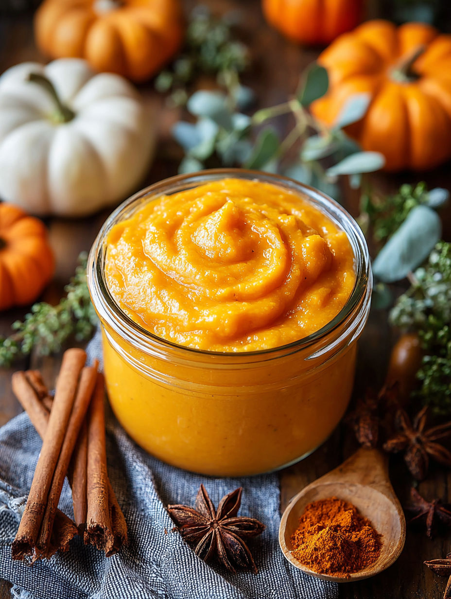 A glass jar of creamy puré de calabaza.